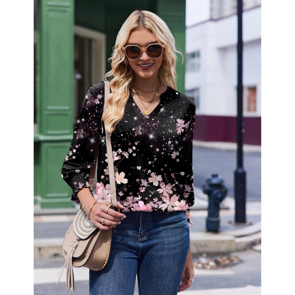 3/4 Length Sleeve Womens Tops 2025 Floral Womens Blouses V Neck TunicTops with S - Picture 5 of 6